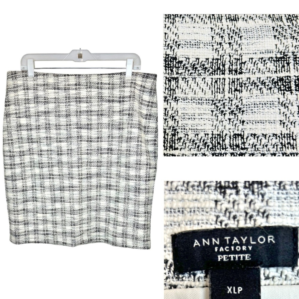 Ann Taylor Pencil Skirt XLP‎ XL Petite 16P Black White Plaid Tweed Lined Mini